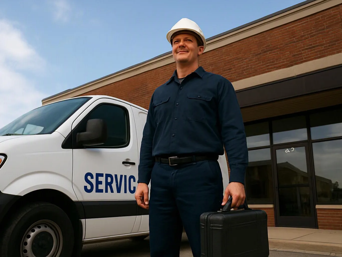 A man in a white hard hat stands beside a service van, holding a black case outside a brick building