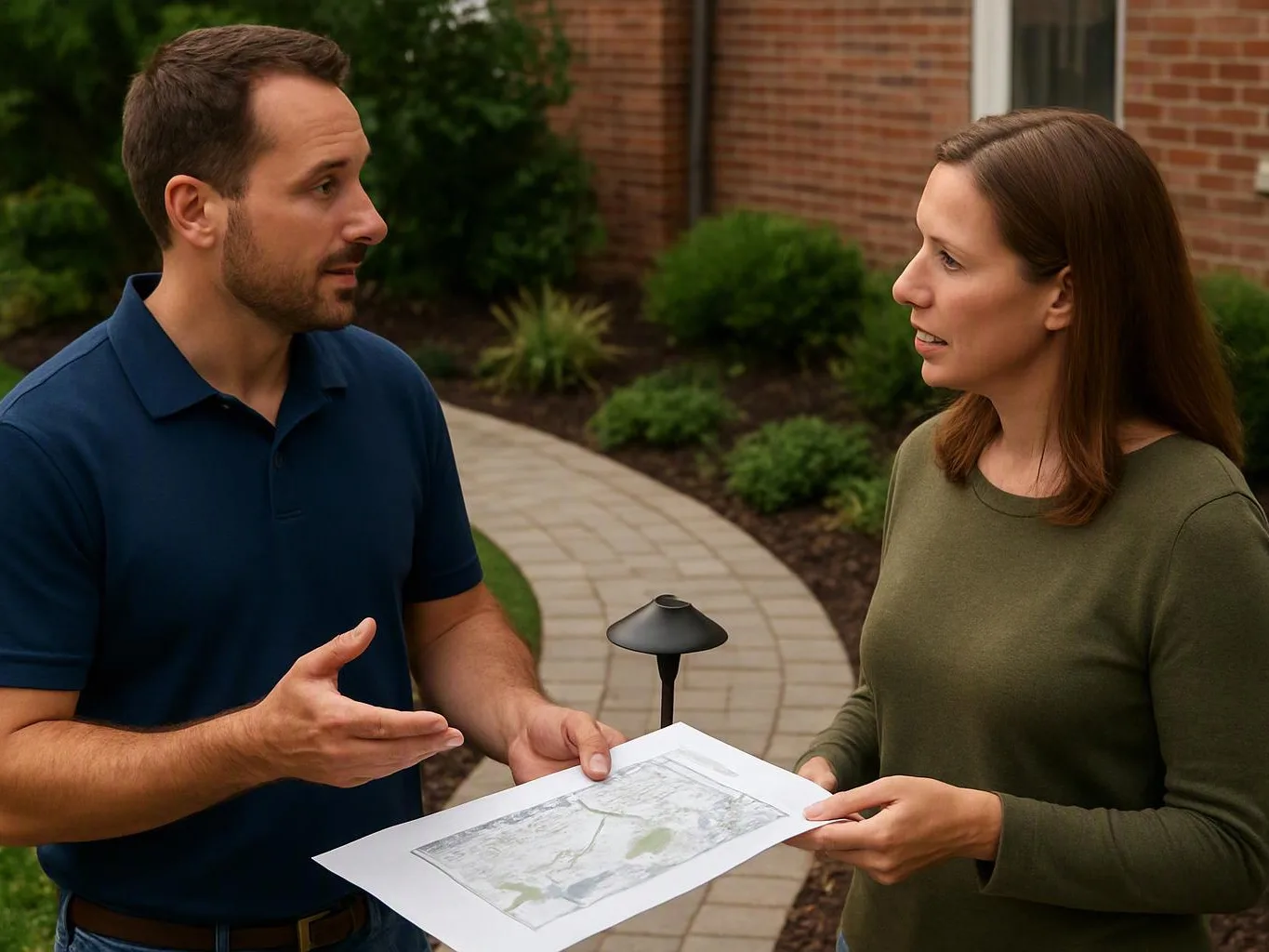 A man and woman discuss a map outdoors beside a brick building and curved walkway