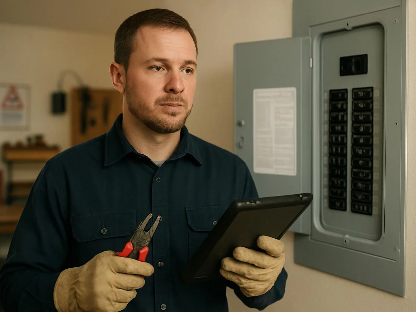 A man in work gloves holds pliers and a tablet beside an open electrical breaker panel
