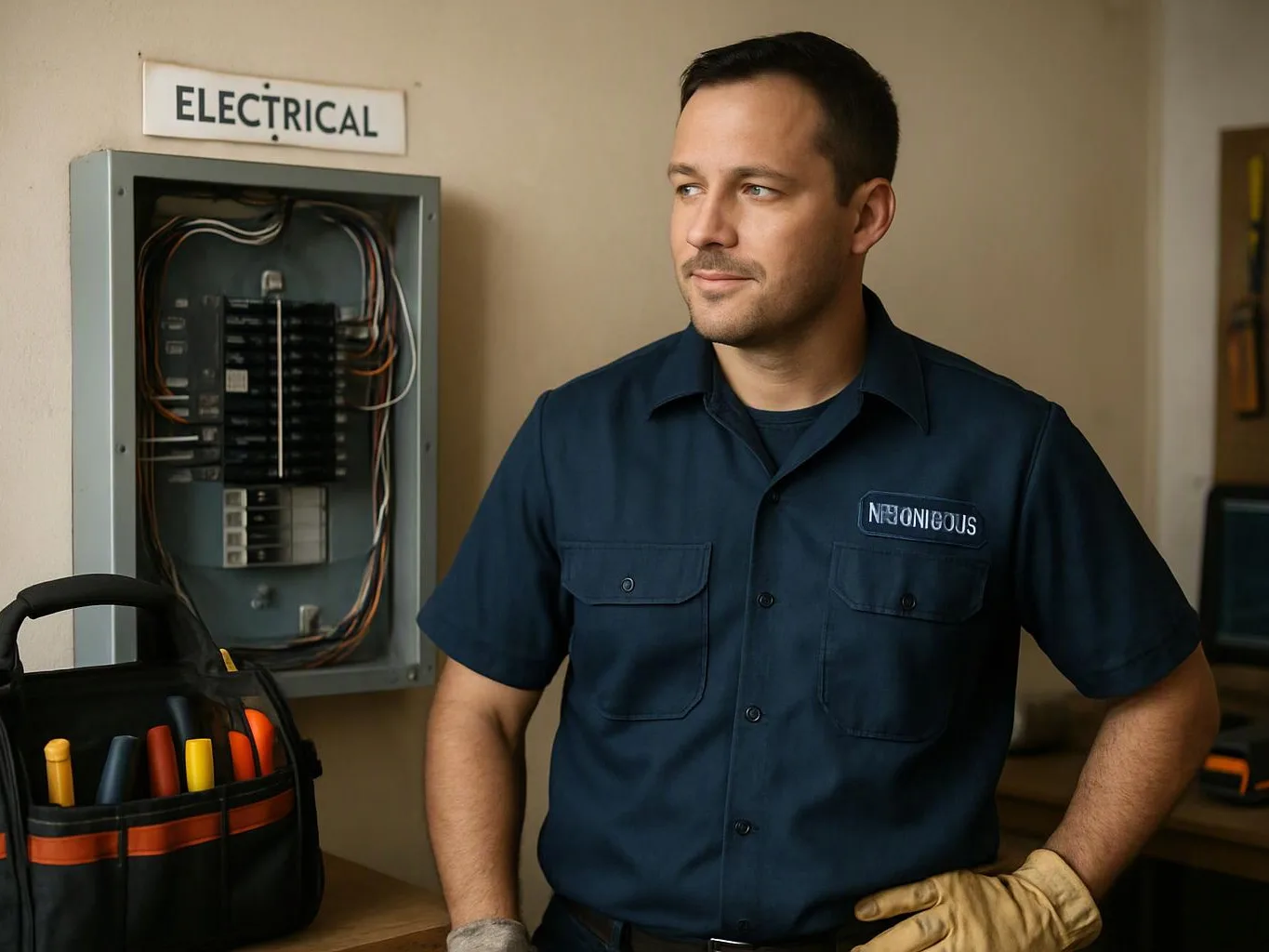 A man in a work shirt stands by an open electrical panel, with tools in a bag on a table