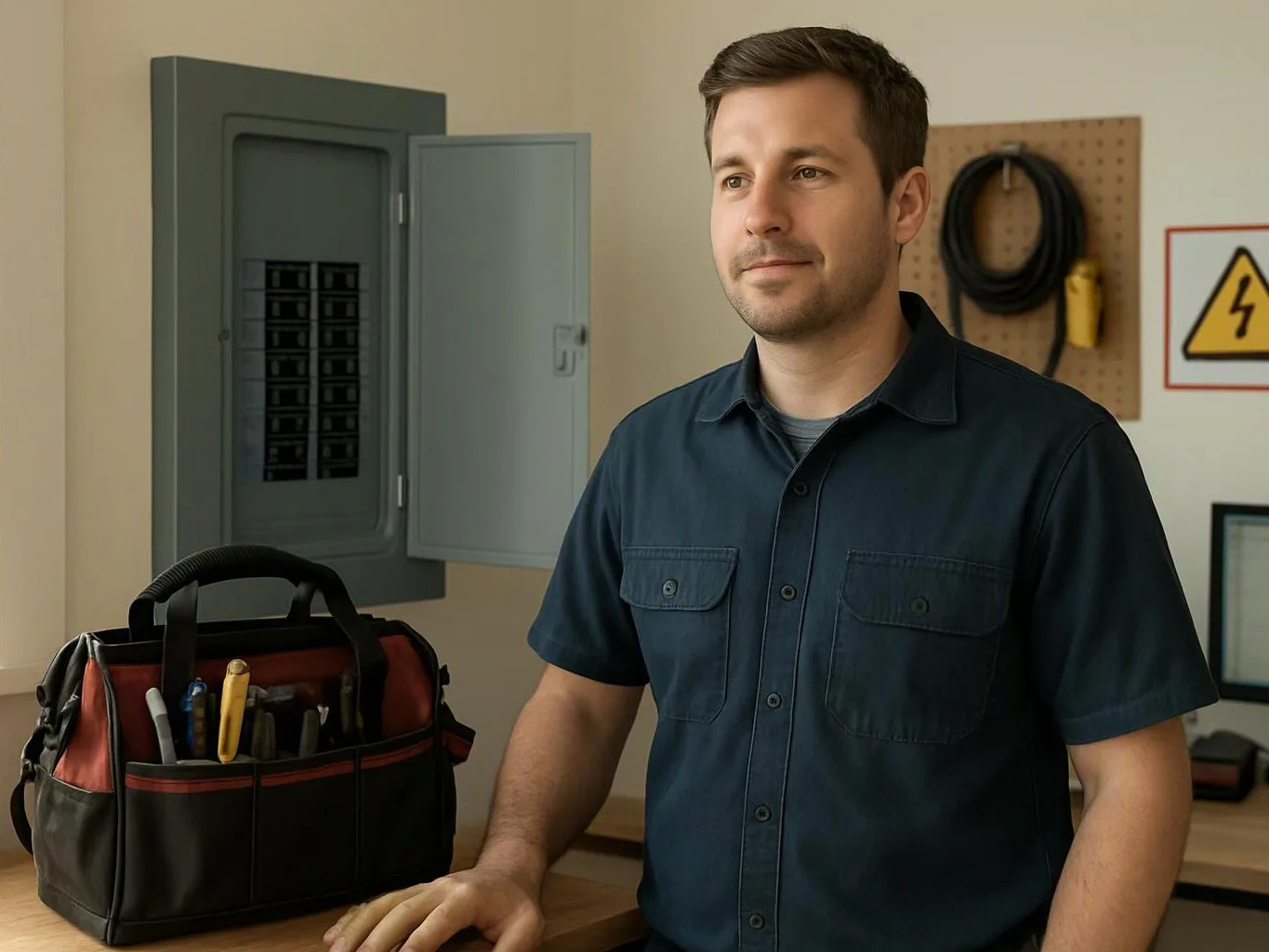 A man in a work shirt stands by an open electrical panel with a tool bag on a workbench