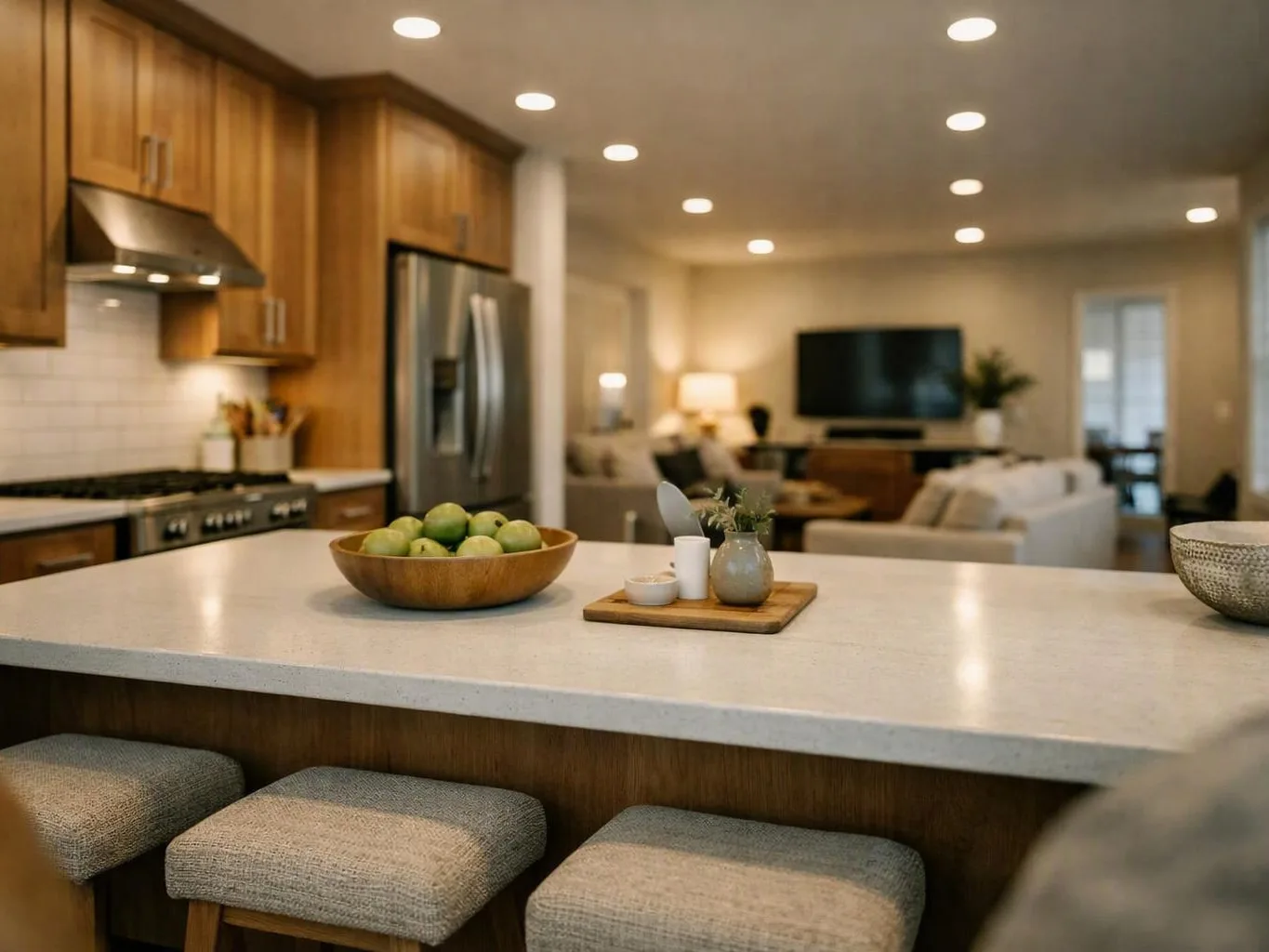 A modern kitchen island with stools faces a cozy living room with a TV and sofa