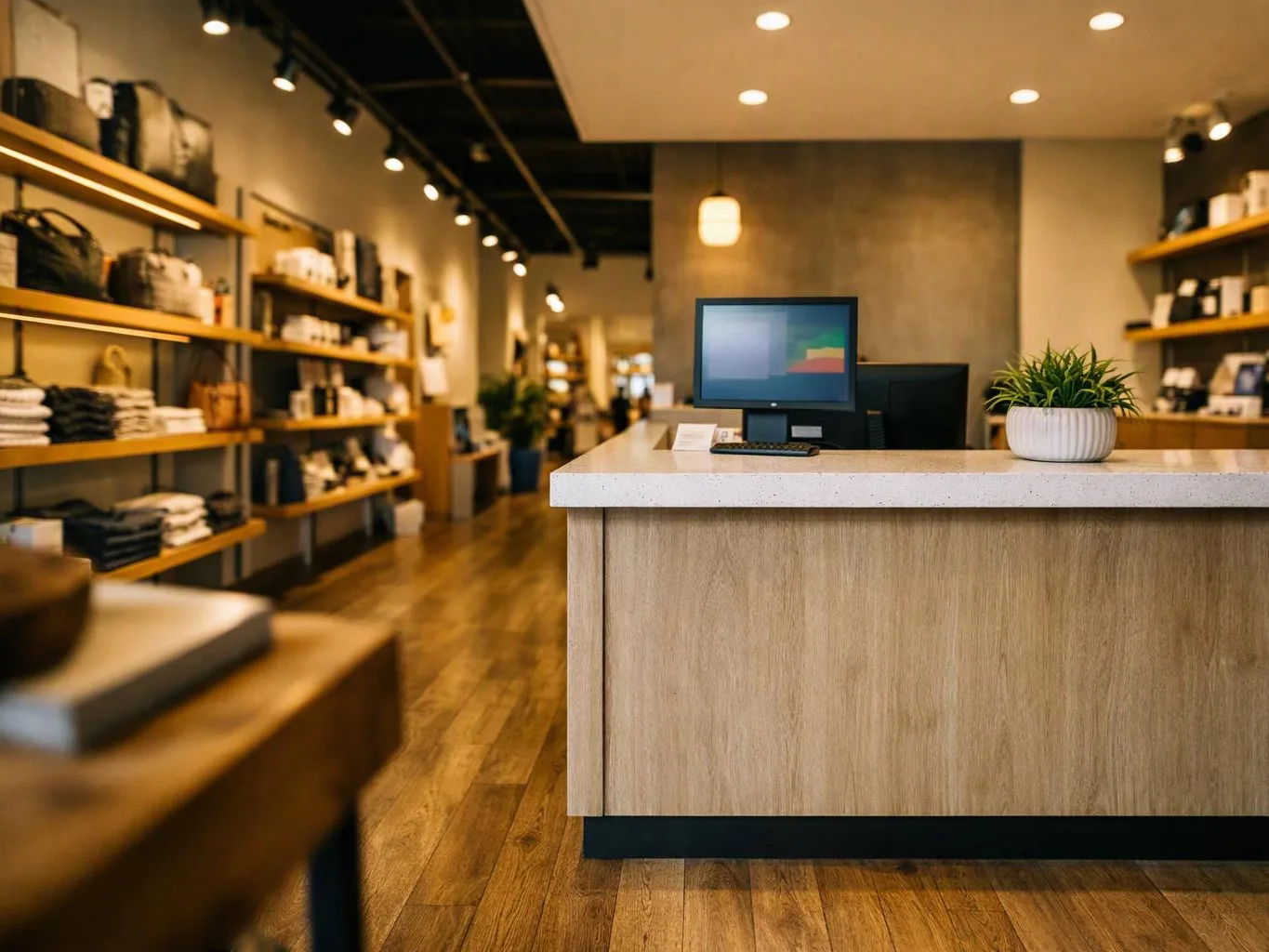 A modern retail store interior shows a checkout counter, shelves of products, and warm overhead lights