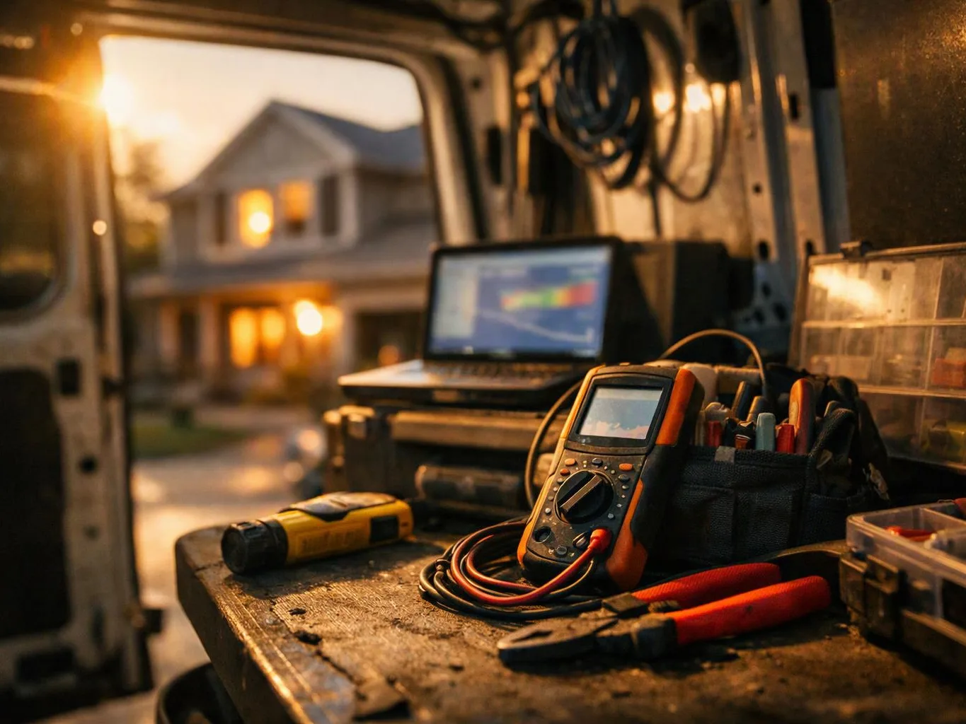 A multimeter, pliers, flashlight, and laptop sit on a workbench inside a van at sunset