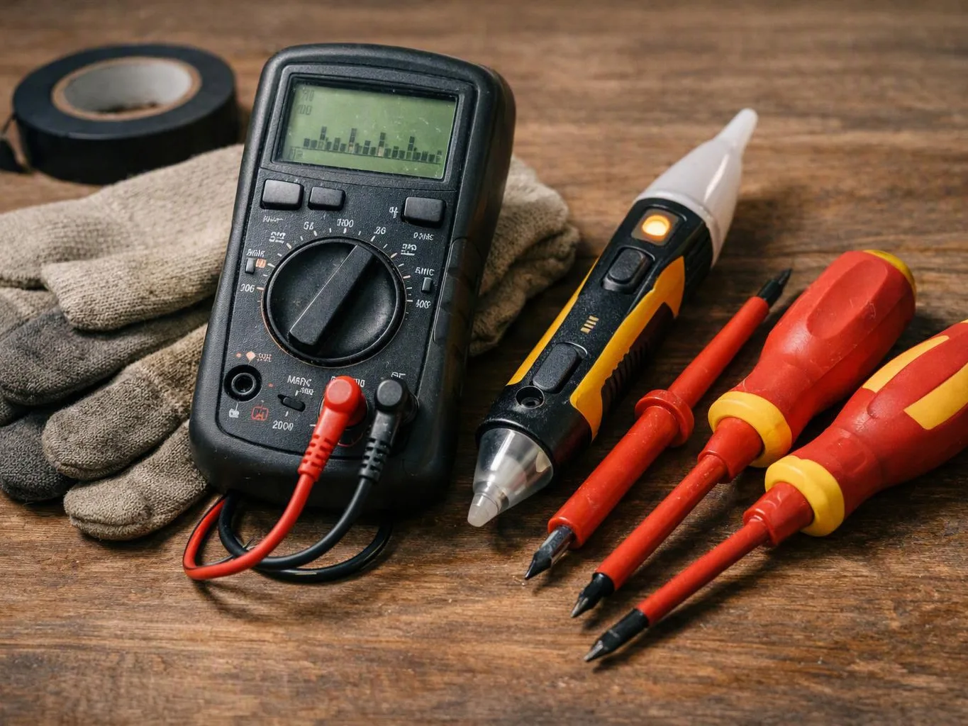 A multimeter, test pen, screwdrivers, gloves, and tape rest on a wooden workbench