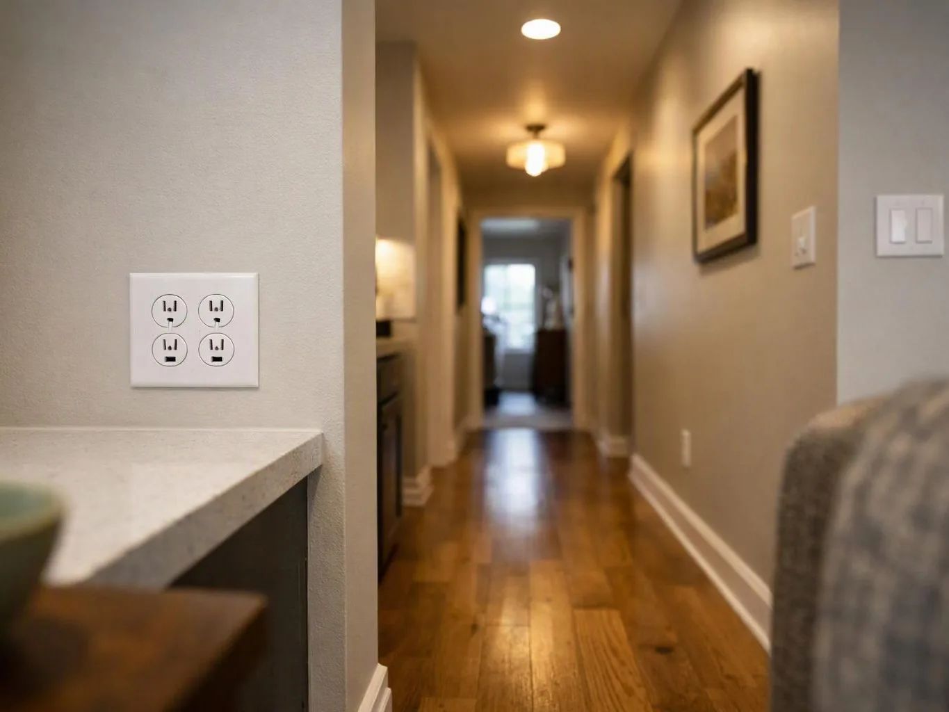 A narrow hallway with hardwood floors, wall art, and ceiling lights stretches toward a bright doorway