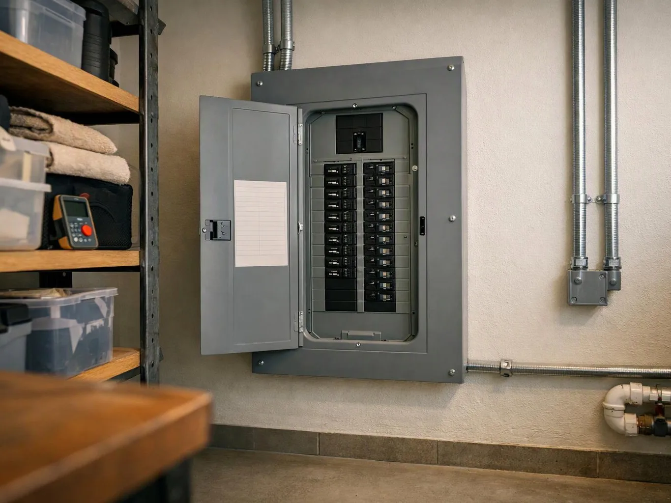 An open electrical breaker panel hangs on a wall beside shelves, conduit pipes, and storage bins