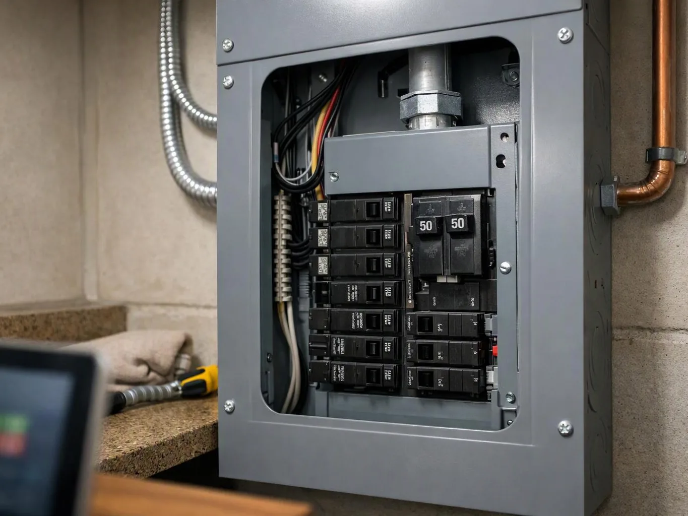 An open electrical breaker panel with many switches sits on a wall beside exposed conduit and copper piping