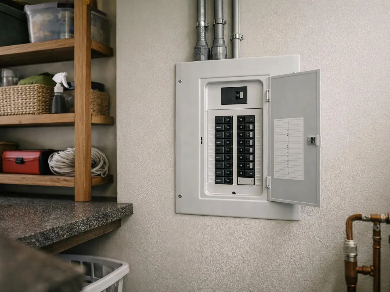 An open electrical breaker panel sits on a utility room wall beside shelves and pipes
