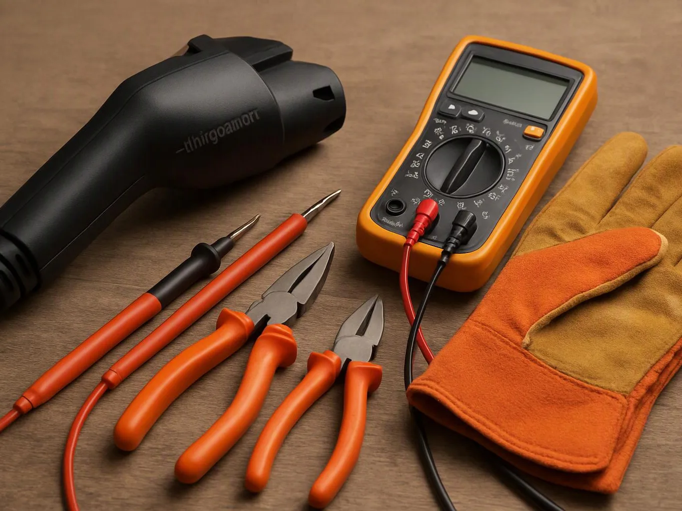 An orange multimeter, probes, pliers, a black heat gun, and work gloves rest on a wooden table
