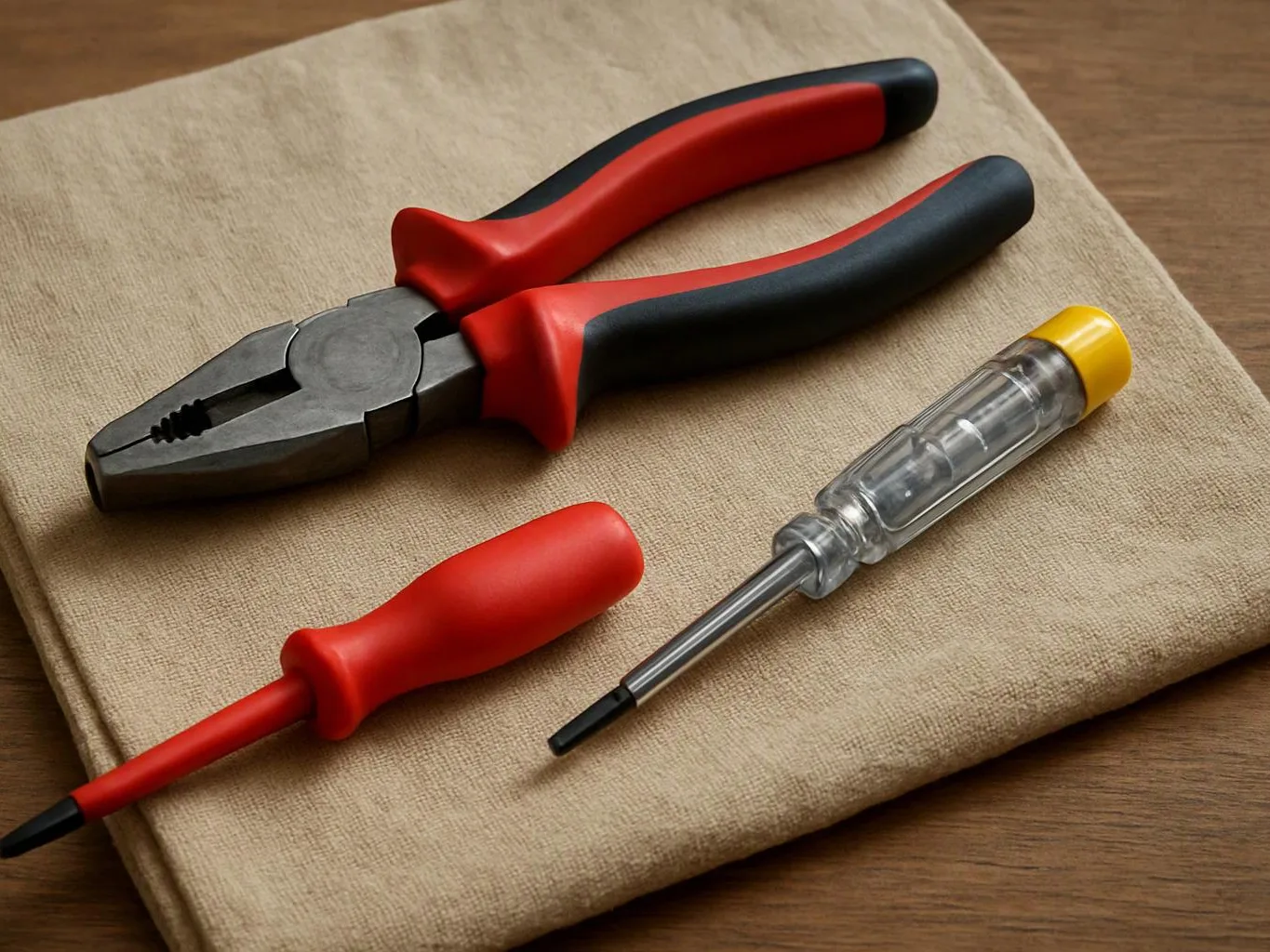 A pair of pliers and two screwdrivers rest on a beige cloth on a wooden surface