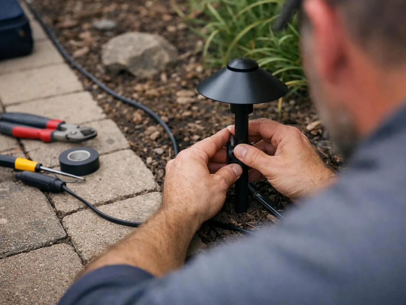 A person adjusts a black garden path light beside paving stones, tools and cable lying nearby