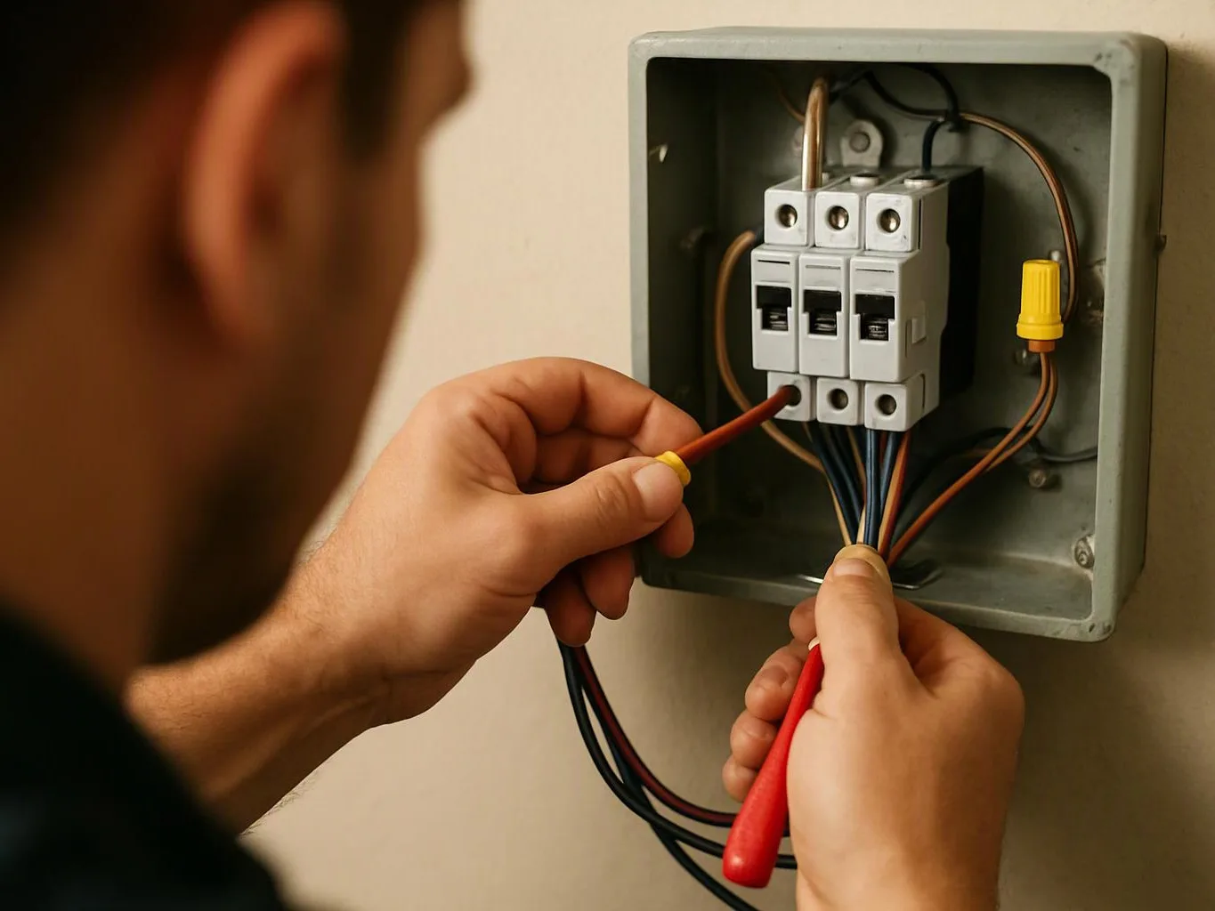 A person adjusts wires inside an open electrical box with a red screwdriver