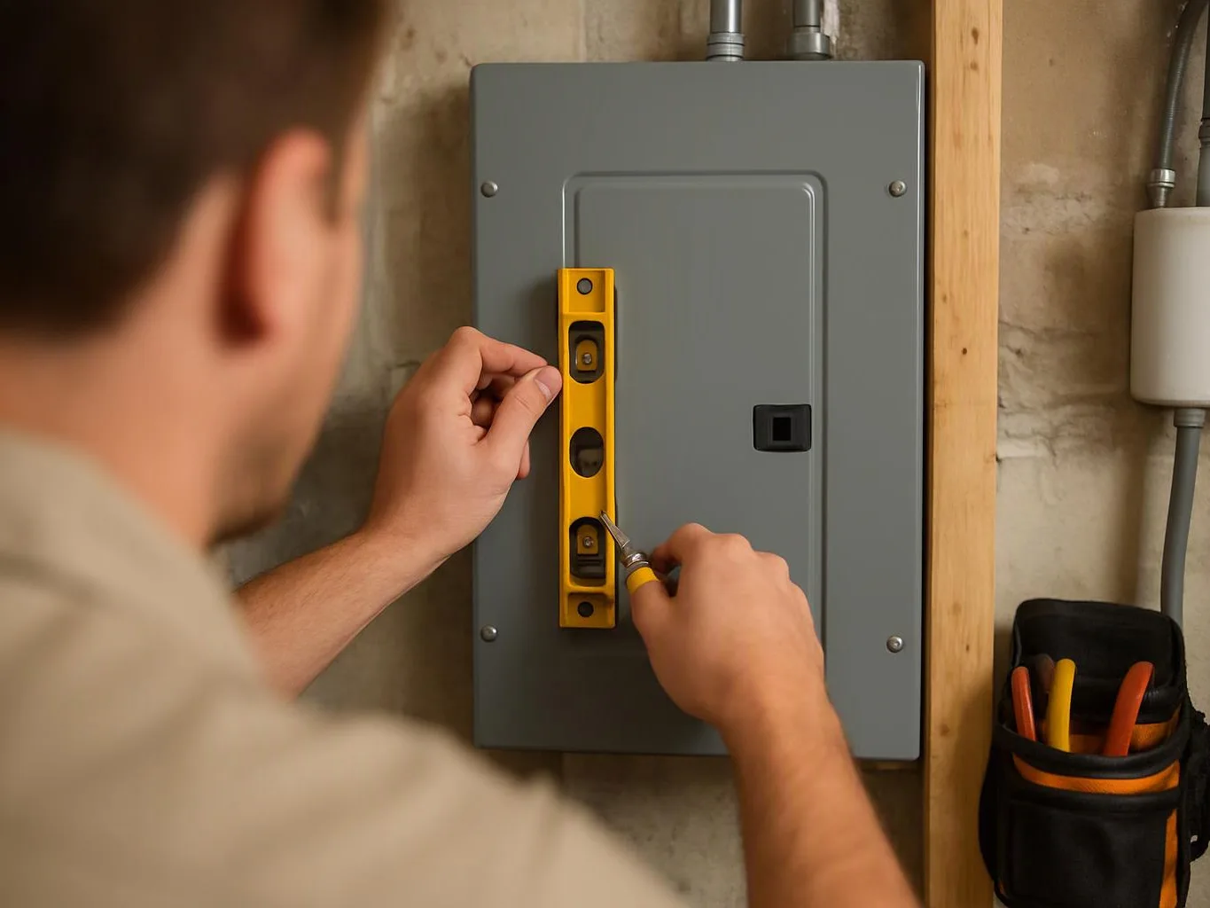 A person adjusts a yellow level while tightening a gray electrical panel in a basement wall