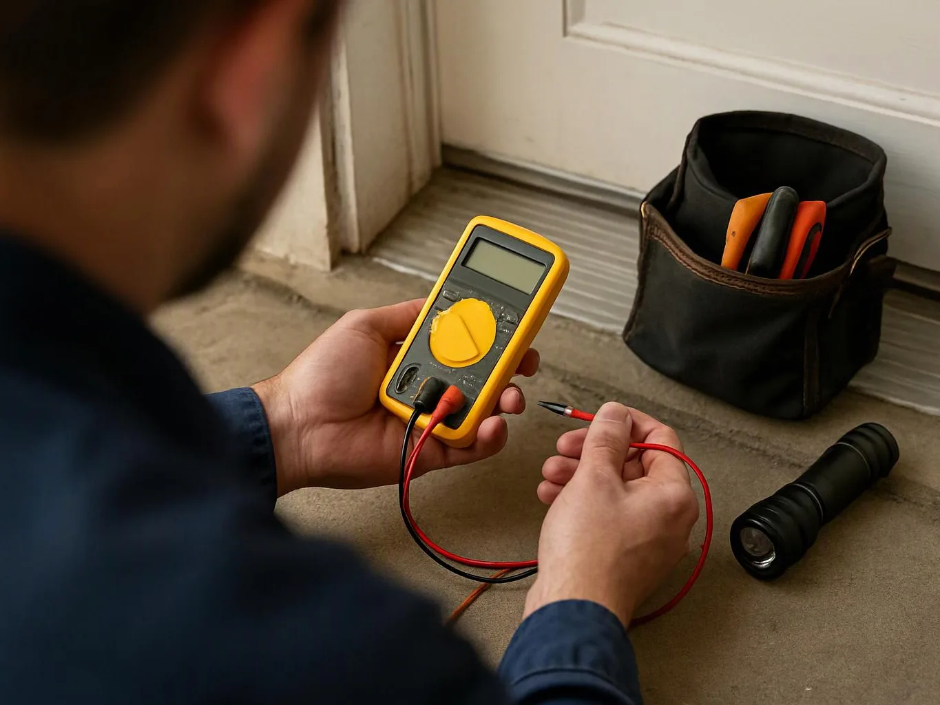 A person holds a yellow multimeter with red and black probes beside a tool bag and flashlight on a floor