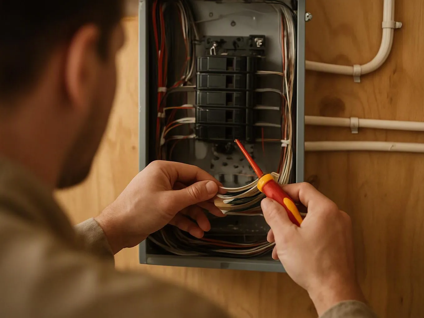 A person inspects wires inside an open electrical panel with a screwdriver in a wood-paneled wall