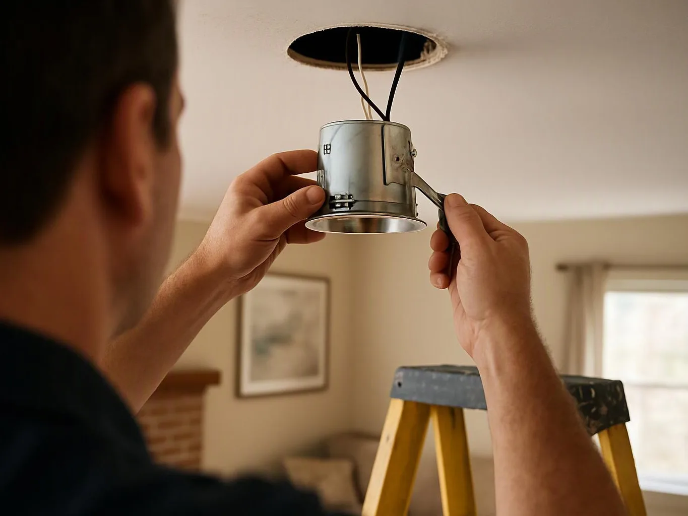 A person installs a recessed ceiling light fixture, holding the metal can and wires near an open ceiling hole