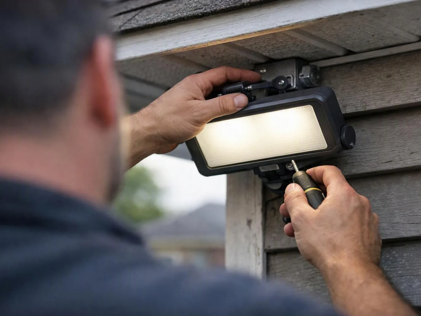 A person mounts a black outdoor floodlight under a roof edge using a screwdriver outdoors