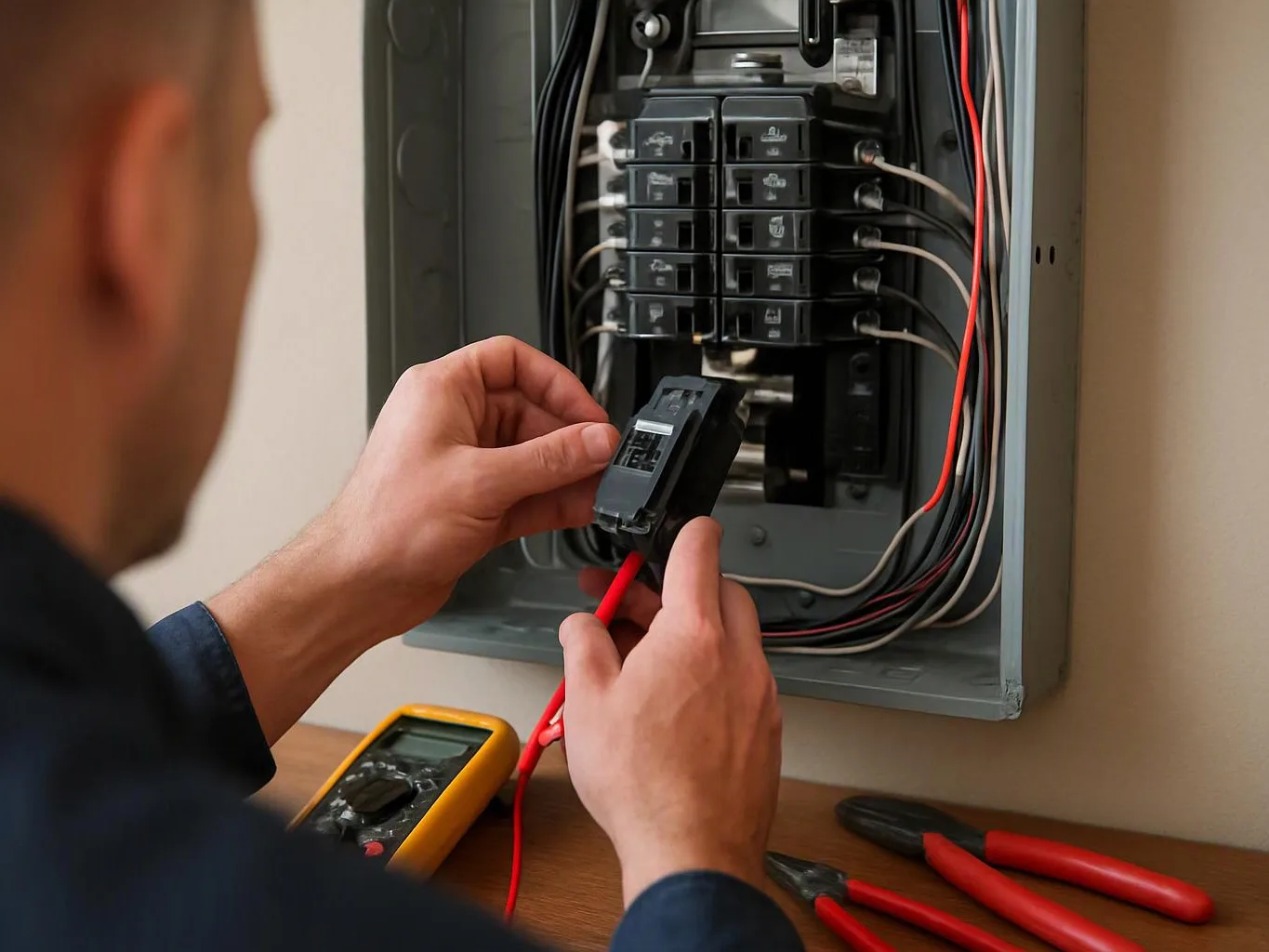 A person tests a circuit breaker in an open electrical panel with a multimeter and pliers nearby