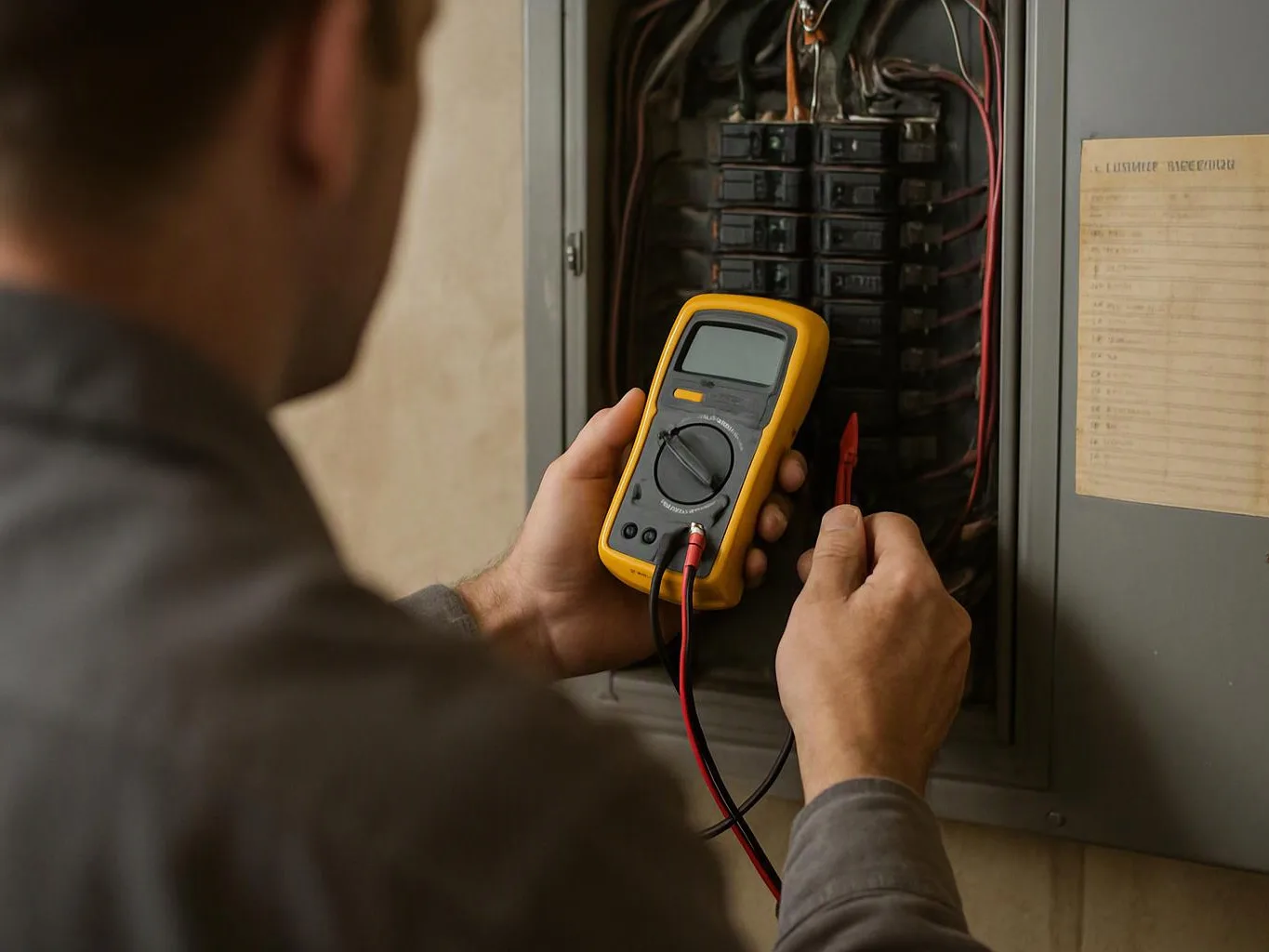A person tests an electrical panel with a yellow multimeter, standing close to open circuit breakers and wires