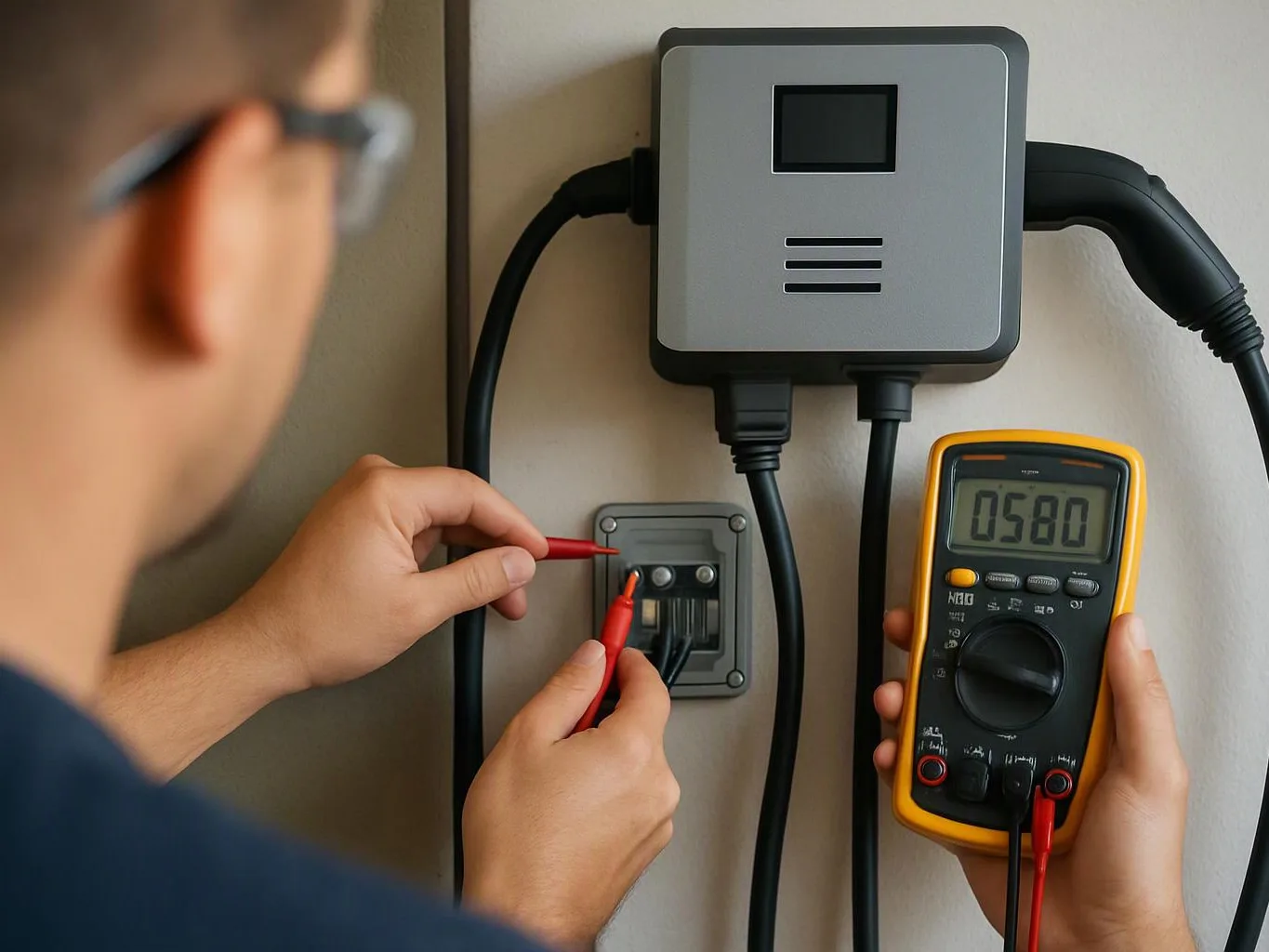 A person tests wall wiring with a multimeter beside a mounted electrical box and cables