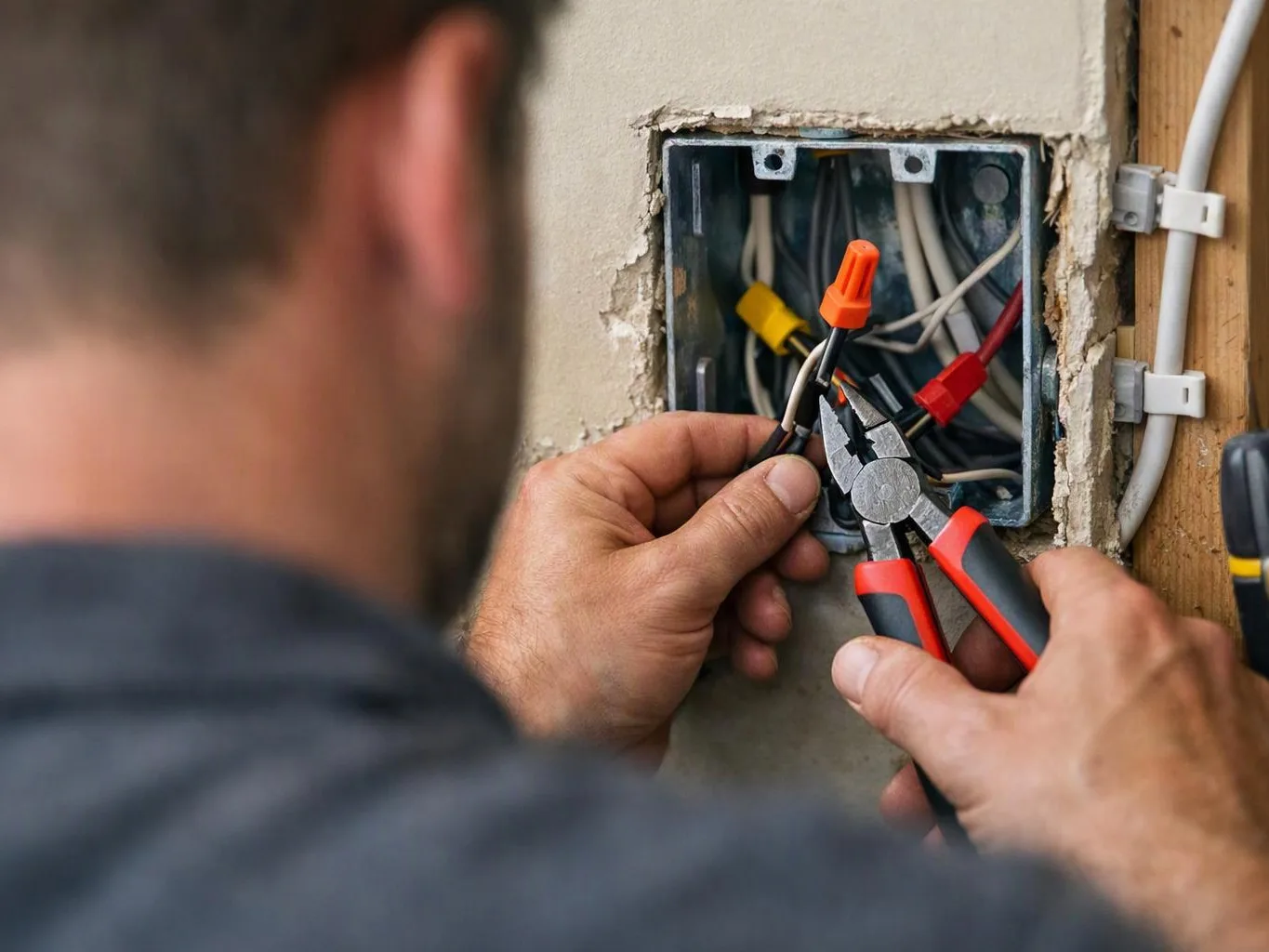 A person uses pliers to work on exposed electrical wires inside a wall box