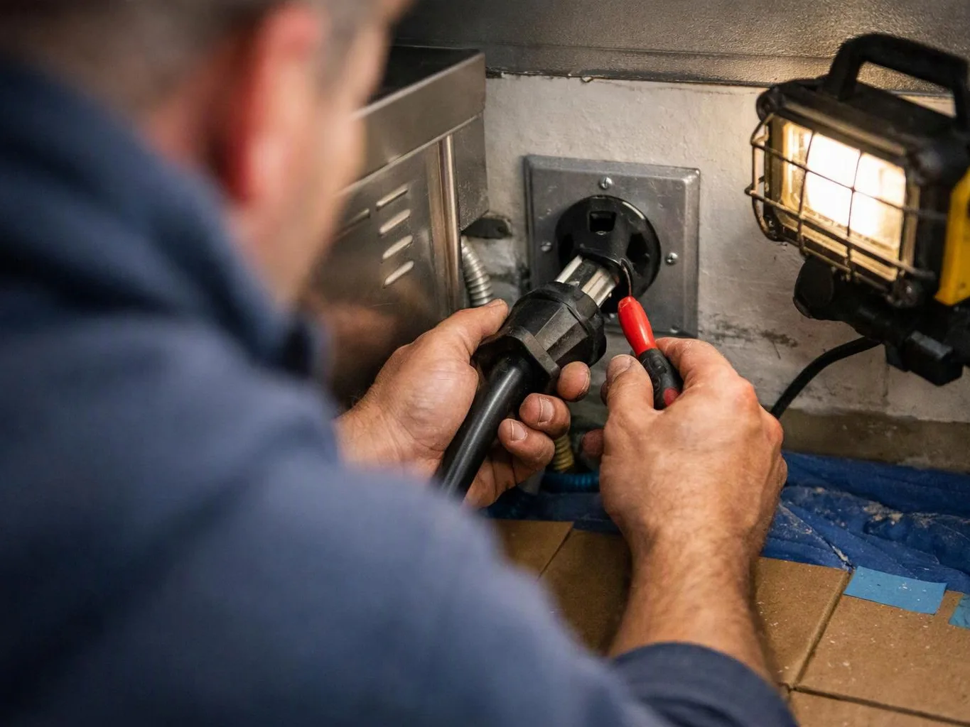 A person uses a red-handled tool to inspect a plug near a lit work light in a tight utility space