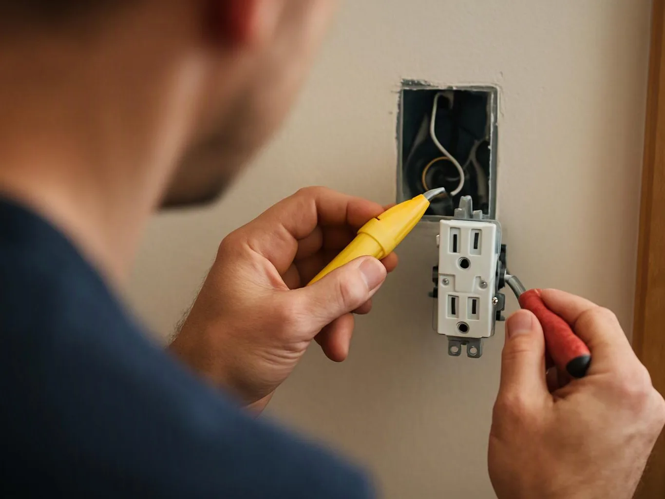 A person wires a wall outlet with tools, working inside a cutout in a beige wall