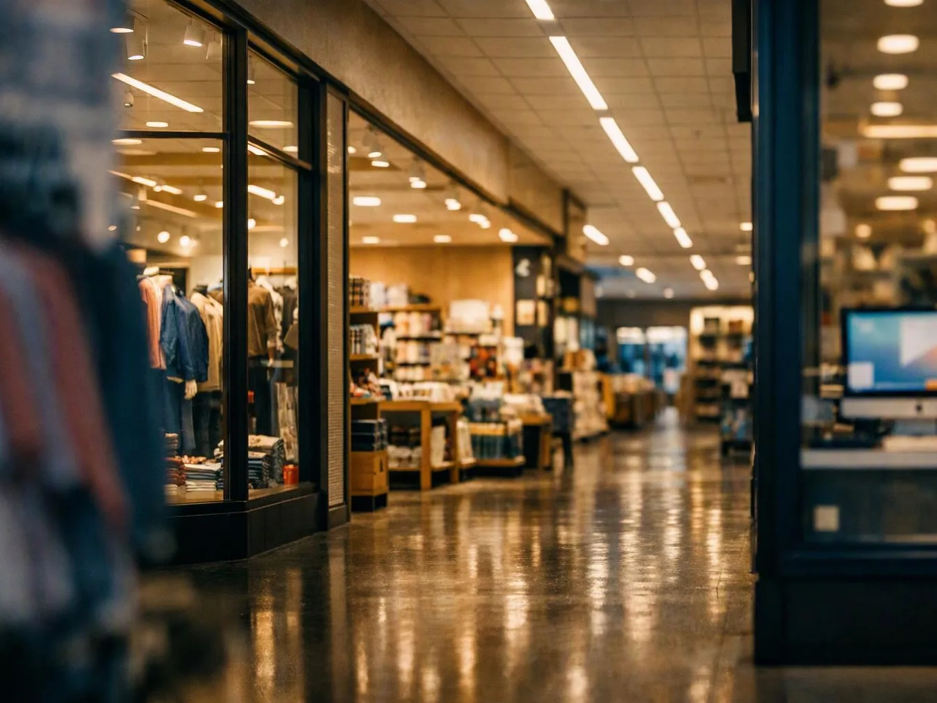 A quiet store corridor shows clothing displays, shelves of goods, and glossy floors under bright ceiling lights