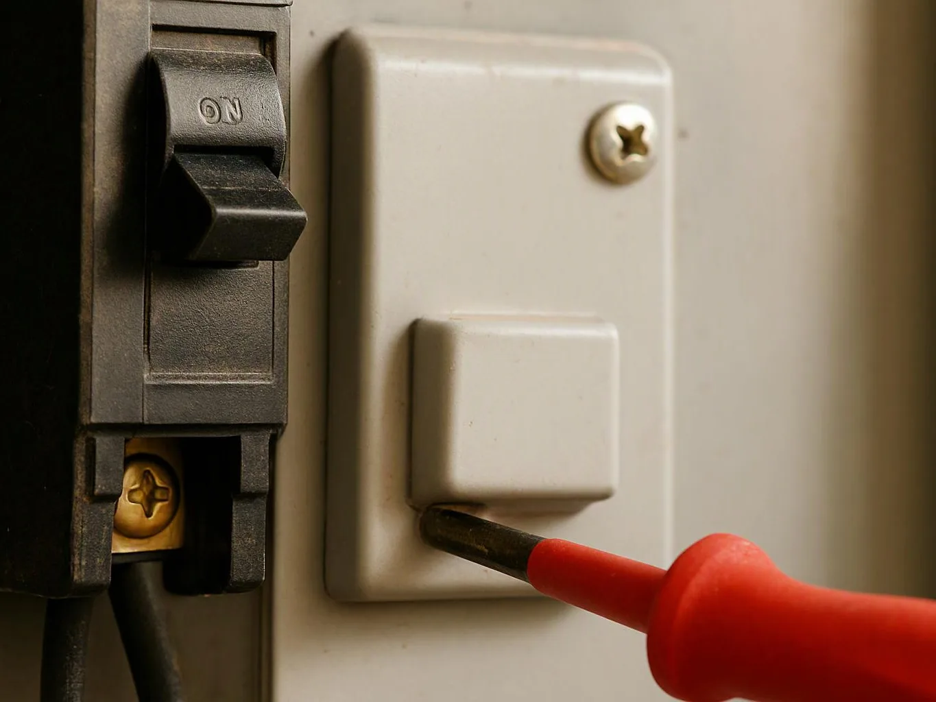 A red-handled screwdriver turns a screw beside a white light switch and black breaker switch