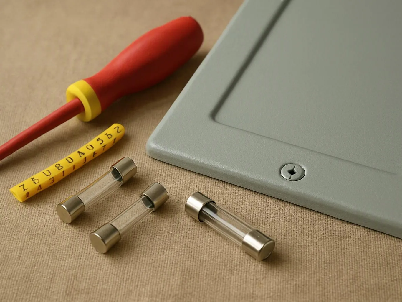A red screwdriver, three glass fuses, a yellow fuse strip, and a gray panel lie on a beige surface