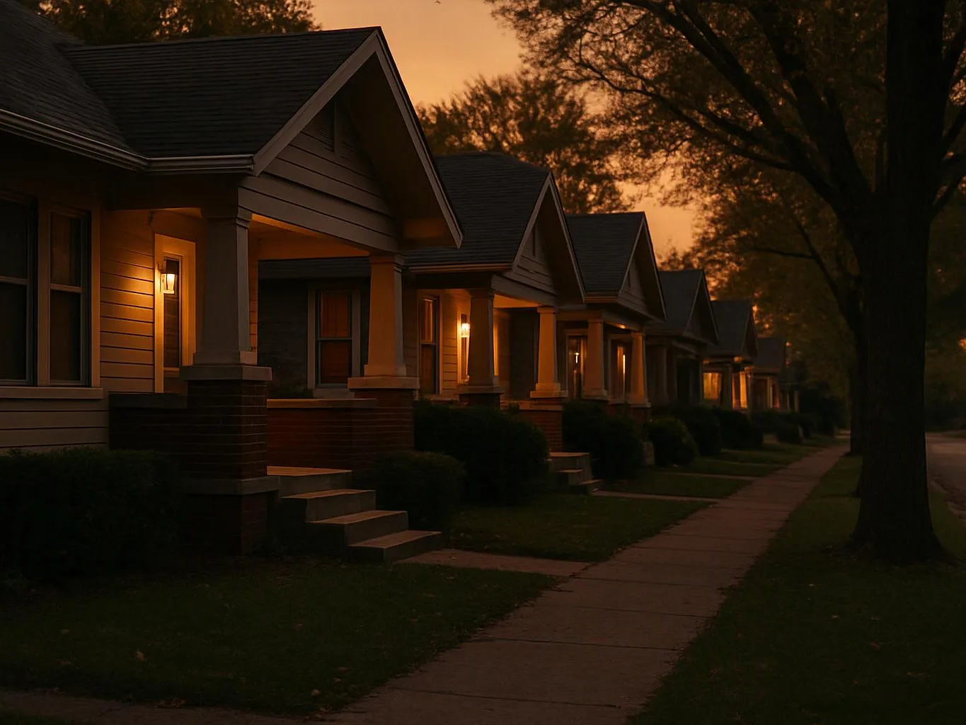 A row of small houses lines a sidewalk at dusk, with warm porch lights glowing under dark trees