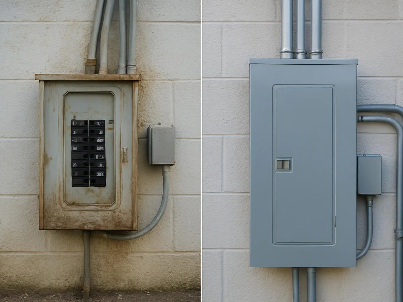 A rusty electrical breaker box appears on the left, with a clean gray replacement box on the right against a block wall