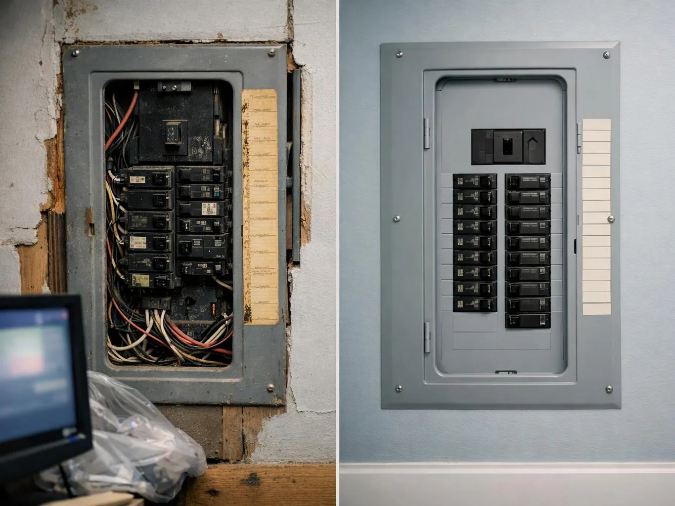 Side-by-side electrical panels show a messy exposed breaker box on the left and a neat covered panel on the right