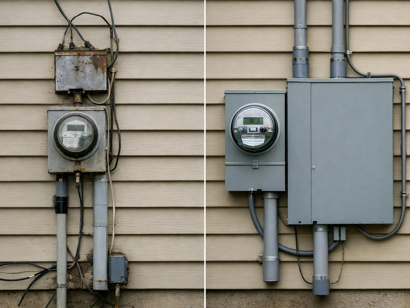 Side-by-side utility meters and gray electrical boxes mounted on beige siding, one old and rusted, one newer and neat