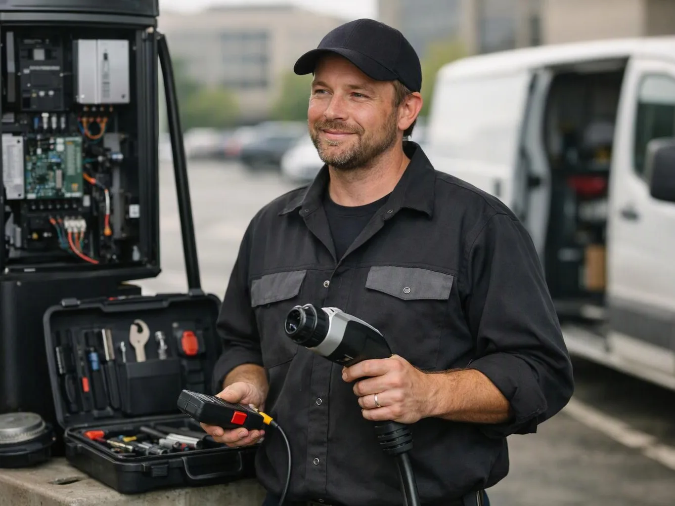 A smiling man in a black cap holds an electric charging plug beside an open equipment case and white van