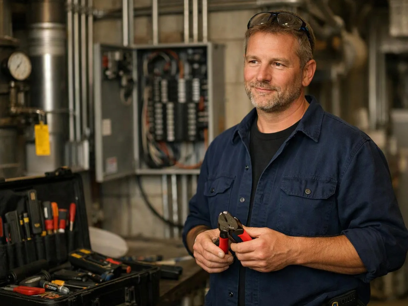A smiling man holds red-handled pliers beside an open toolbox in an industrial utility room