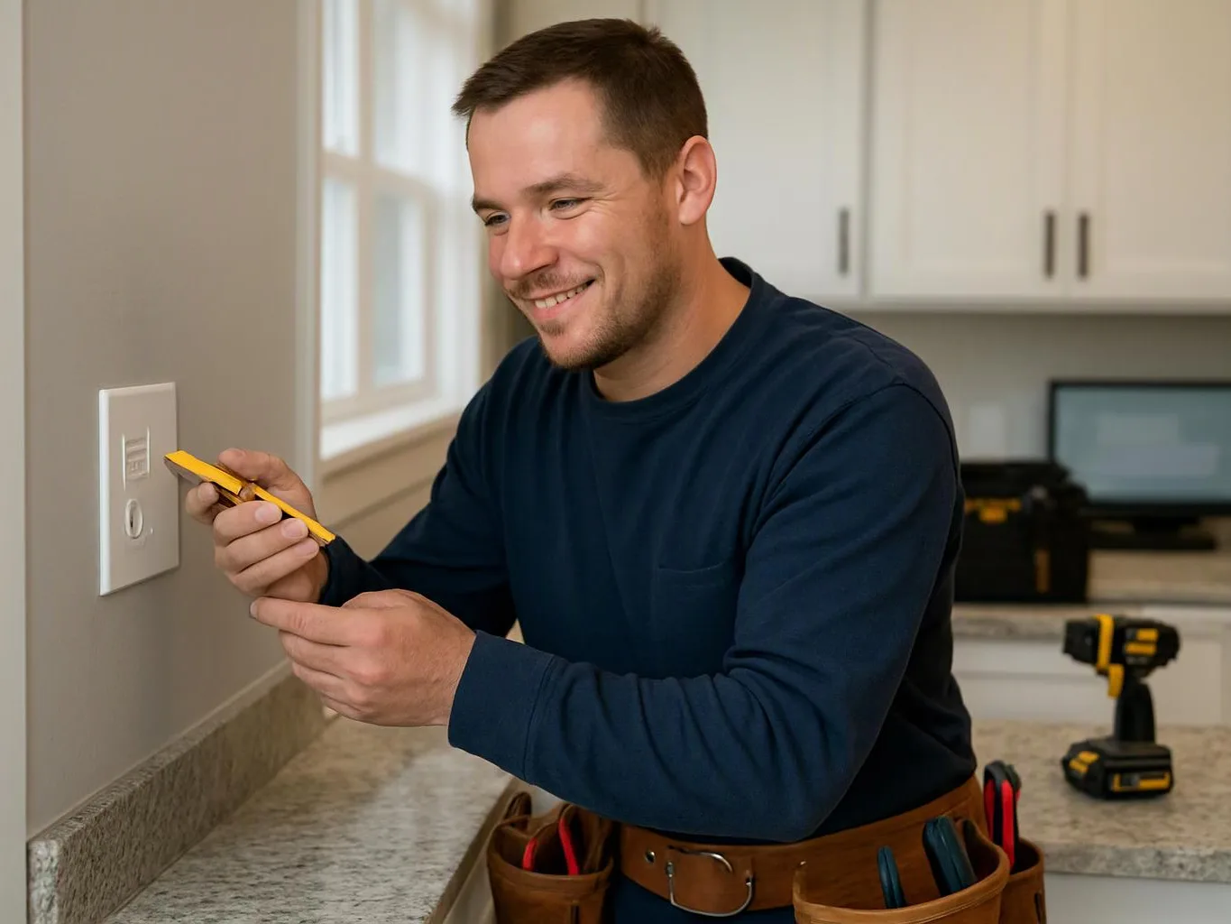 A smiling man measures a wall outlet in a bright kitchen, with tools resting on the counter