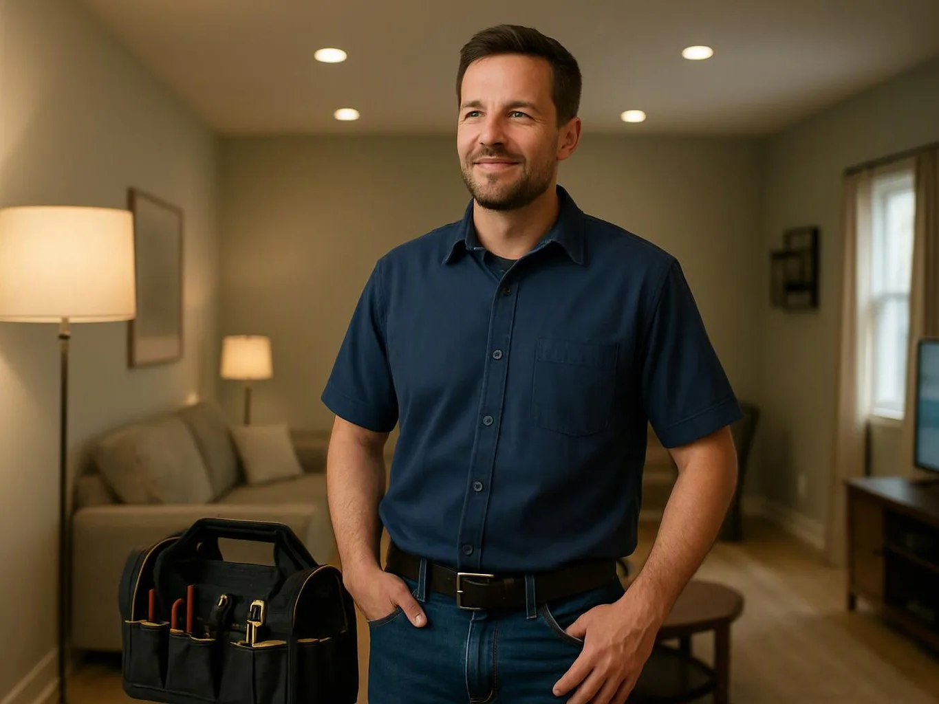 A smiling man stands in a living room beside an open tool bag and a TV