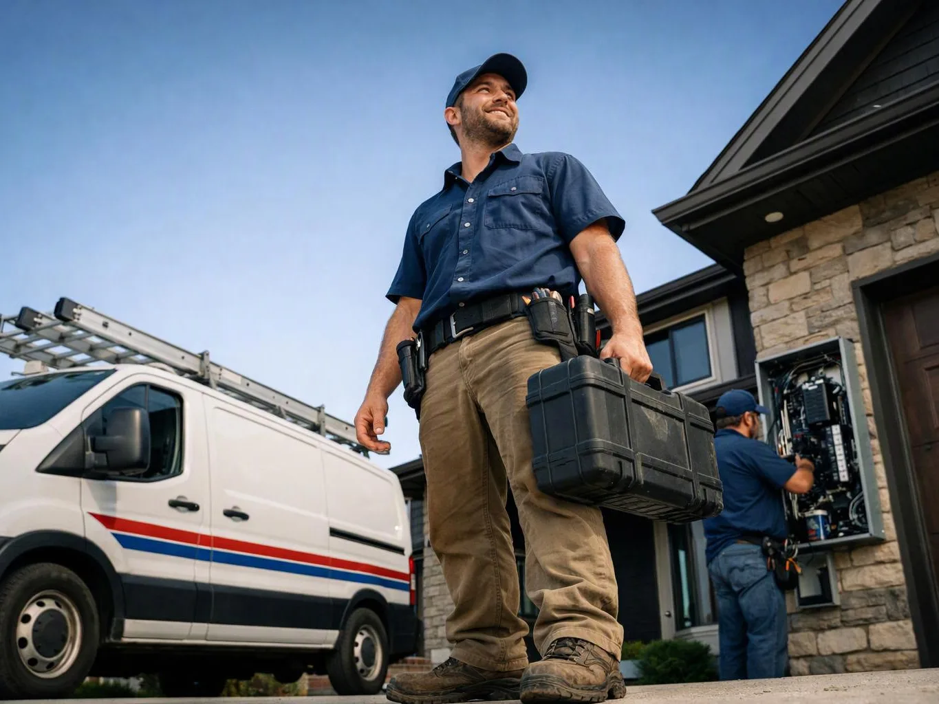 A smiling repair worker stands with a toolbox beside a service van while another works on an outdoor panel by the house