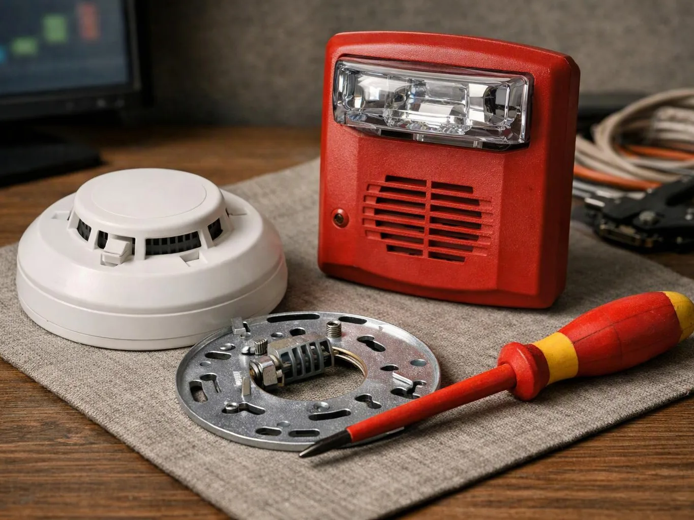 A smoke detector, red alarm unit, screwdriver, and mounting parts sit on a work mat on a wooden table