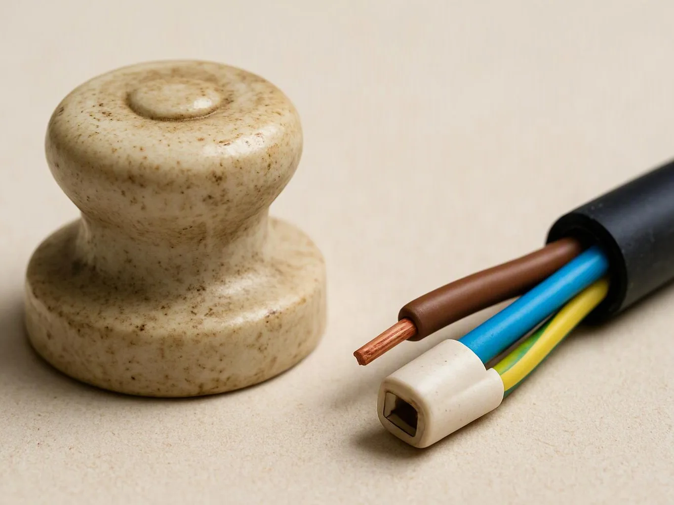 A speckled ceramic knob sits beside a cut electrical cable with exposed colored wires