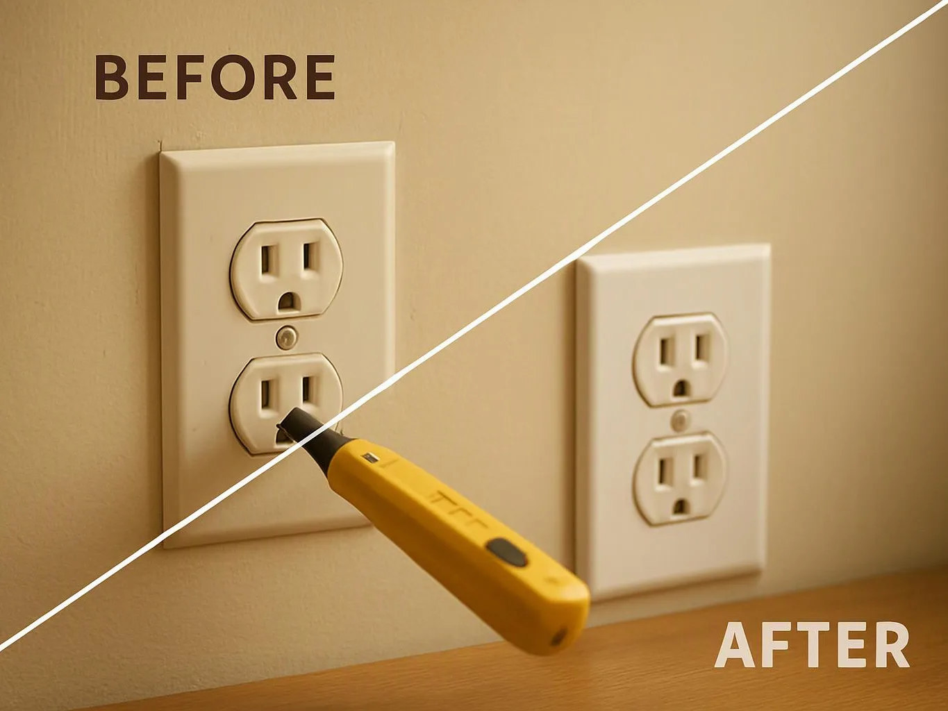 A split before-and-after image shows a wall outlet being tested with a yellow voltage pen on a beige wall