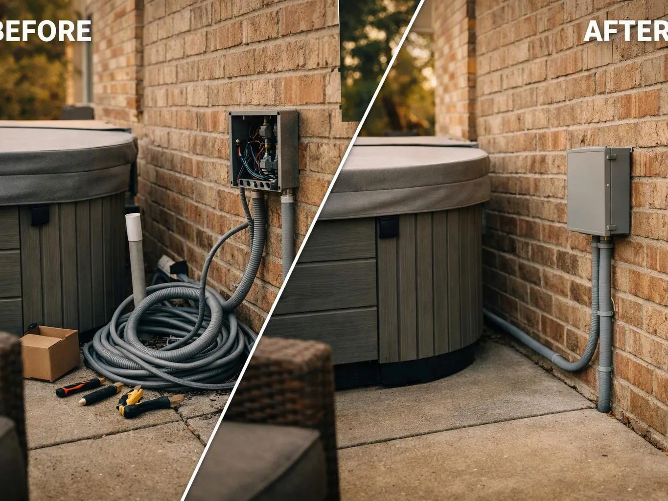Split before-and-after view of a hot tub area, with exposed wiring left and a tidy gray electrical box right