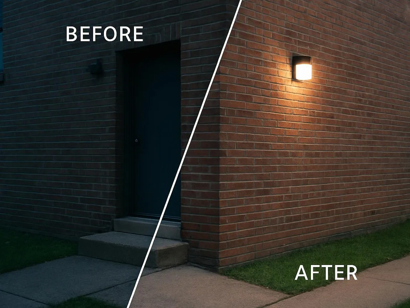 Split before-and-after view shows a dark brick entrance changing to a lit brick wall with a glowing wall lamp