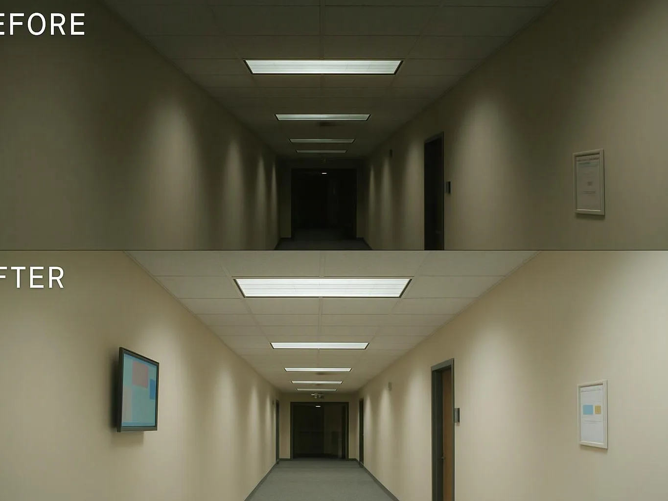 A split before-and-after view shows a dim hallway changed to a brighter corridor with framed wall art