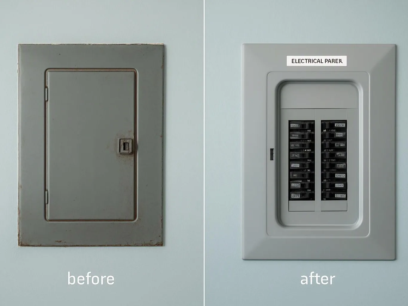 A split before-and-after view shows an old metal electrical panel door beside a newer breaker panel cover with a label