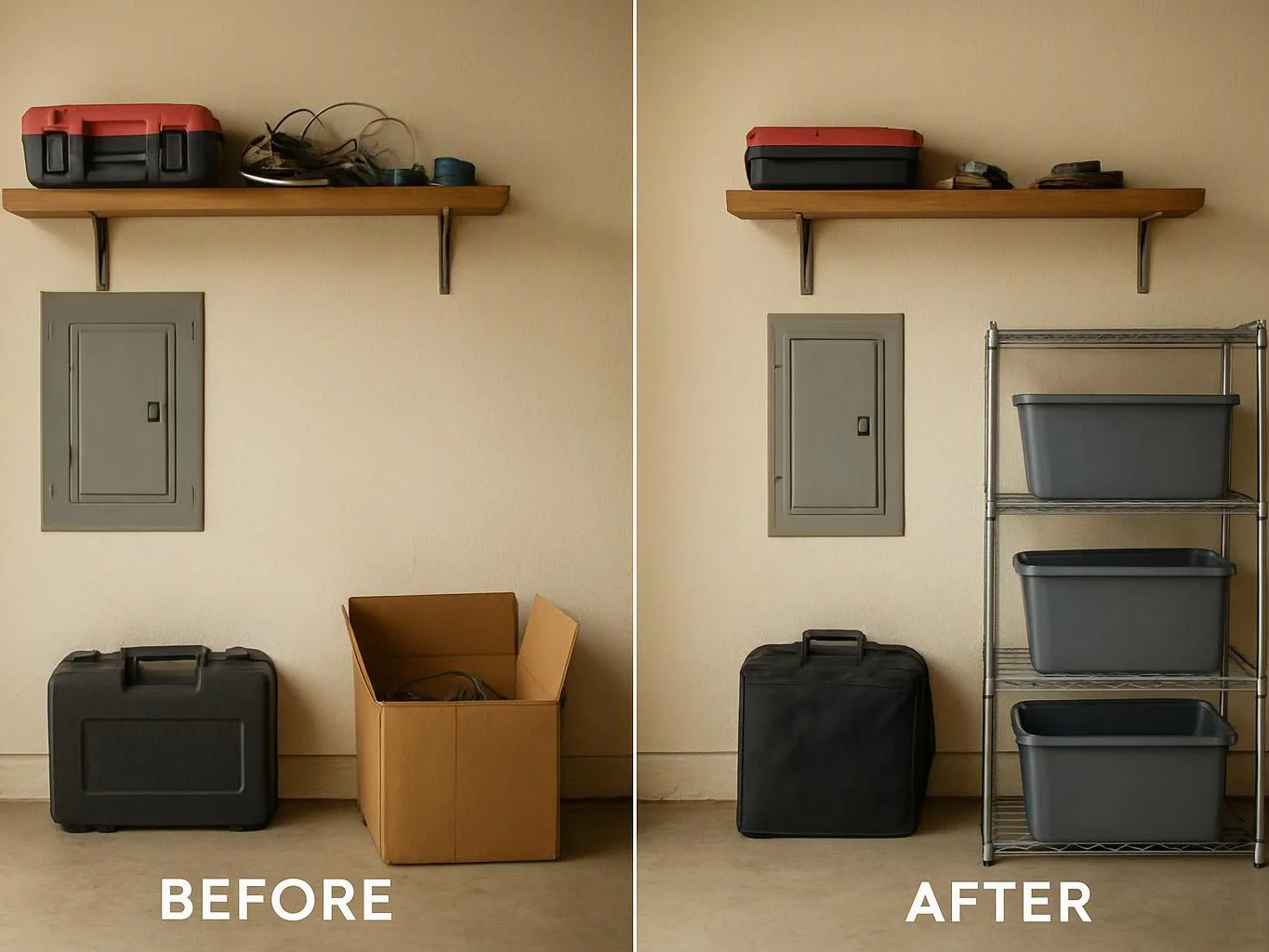 Split before and after view of a wall shelf, with cluttered boxes on the left and organized bins on the right