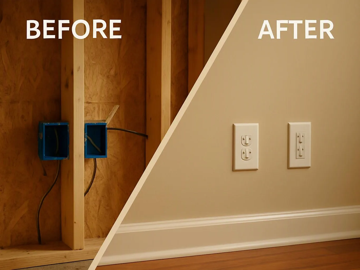 Split before-and-after view of wall wiring boxes and finished electrical outlets in a room with wood flooring