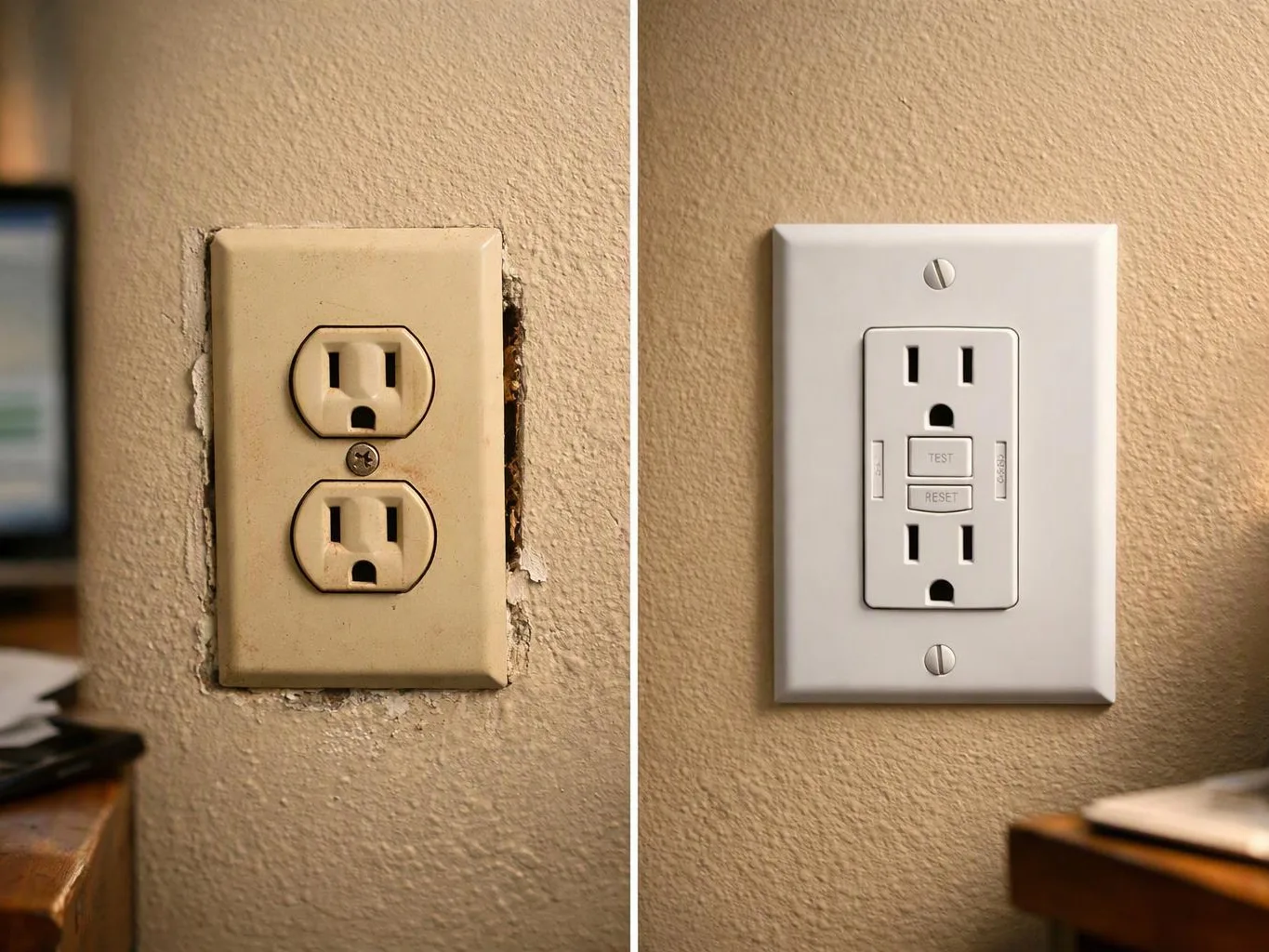 Split image showing an old beige wall outlet replaced by a clean white GFCI outlet on textured wall
